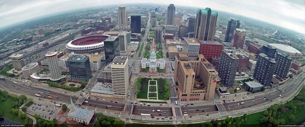 St Louis Pano -- A vintage panorama of St Louis from the Gateway Arch.  At the left you can see the old Busch Stadium.