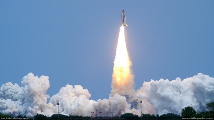 Atlantis liftoff -- Atlantis roars off from Cape Canaveral as part of mission STS-125 to the Hubble Space Telescope.