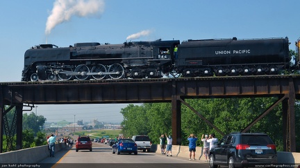 UP 4-8-4 in St Louis -- Union Pacific #844 rolls out of downtown St Louis into Illinois on the elevated trackage crossing Highway 3.
