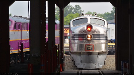 Chrome & Steel -- A vintage Chicago, Burlington & Quincy E5 sits in front of the roundhouse in Spencer, NC