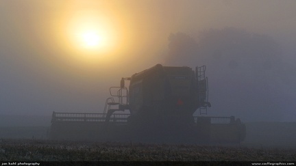 Foggy Harvest Morning -- This huge combine silhouetted in the fog by the rising sun was spectacular