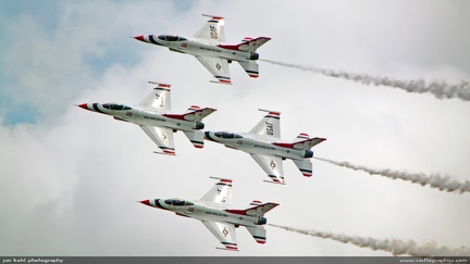 Thunderbirds close up -- A tight formation of the Thunderbirds in their F-16s wows the crowd at Shaw AFB, SC.