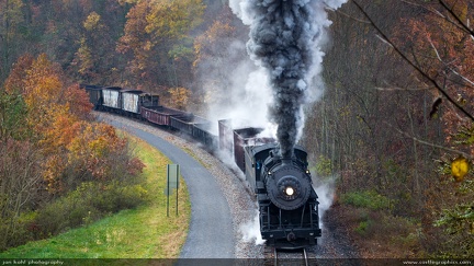 Freight Train -- Western Maryland #734 2-8-0 chugs up the mountain to Brush Tunnel, Maryland.