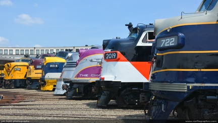 Circle of Streamliners -- The largest collection of E and F series locomotives show up at Spencer, NC, 2014.  Here they all sit facing each other at the roundhouse.